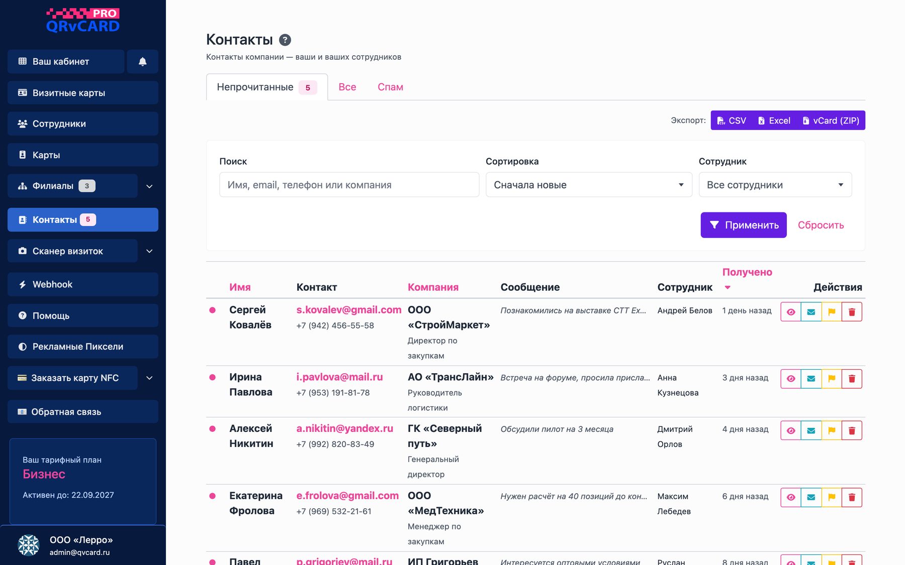 Контакты, собранные сотрудниками
